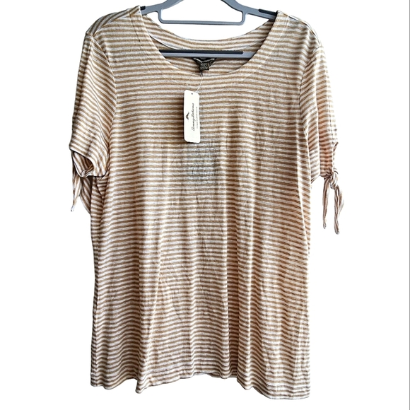 NEW Tommy Bahama Belo Stripe Linen Tan & White Short Sleeve Tee Shirt Size M - Picture 1 of 9